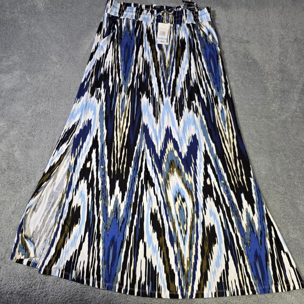 Design History Womens L Maxi Skirt Blue Ikat Onyx Combo Slit Smocked Waist NWT